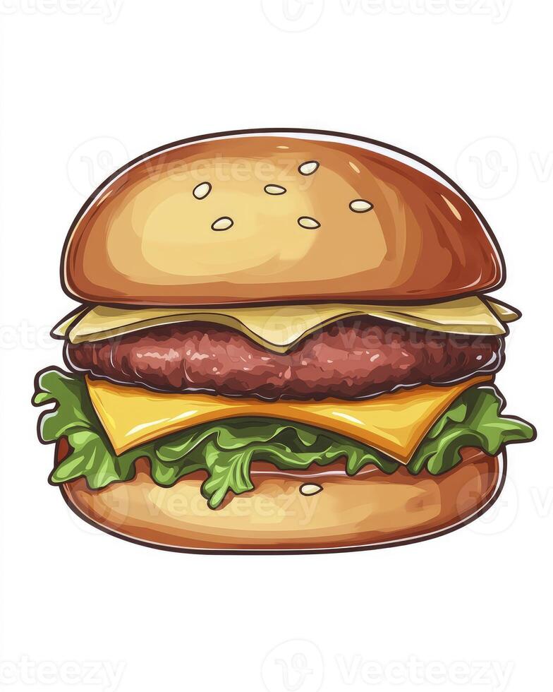 Delicious Cartoon Burger with Lettuce and Cheese Illustration on White photo
