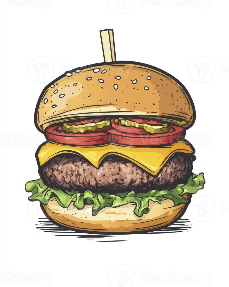 Delicious Burger Illustration with Cheese, Tomatoes and Pickles on White photo