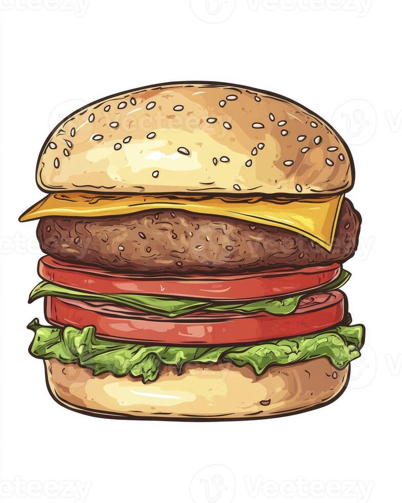 Drawing of a Delicious Burger with Cheese, Tomato, and Lettuce photo