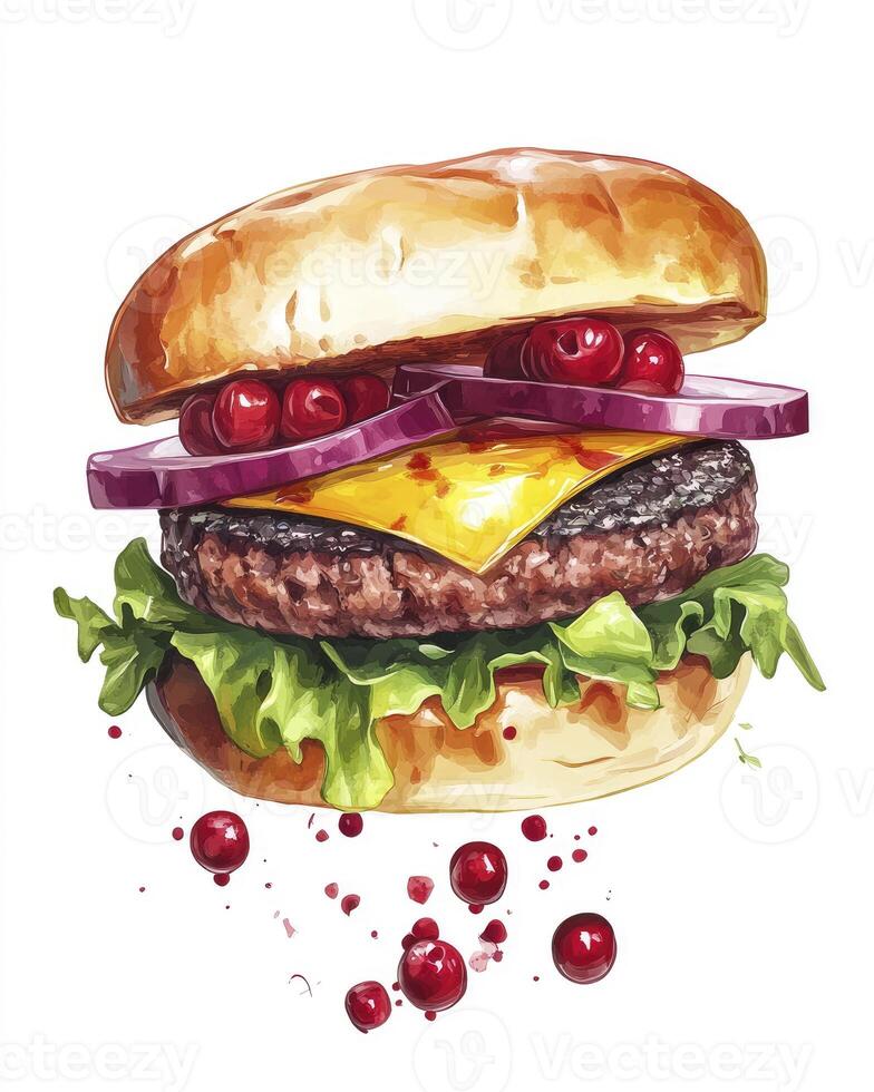 Appetizing Burger Art Illustration with Fresh Ingredients and Watercolor Style photo