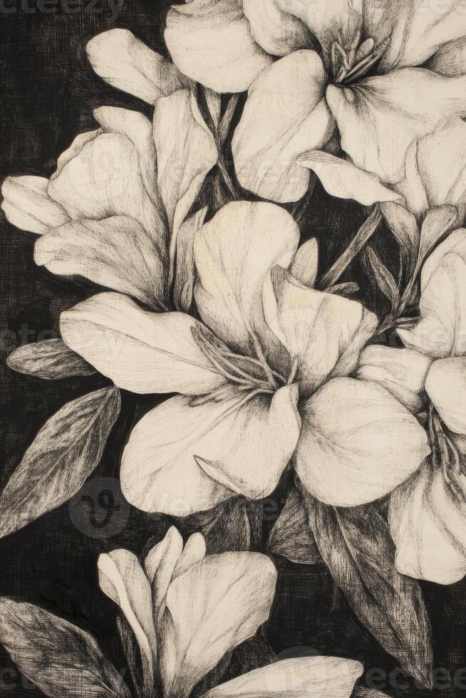 Drawing of White Flowers and Leaves on Dark Background photo