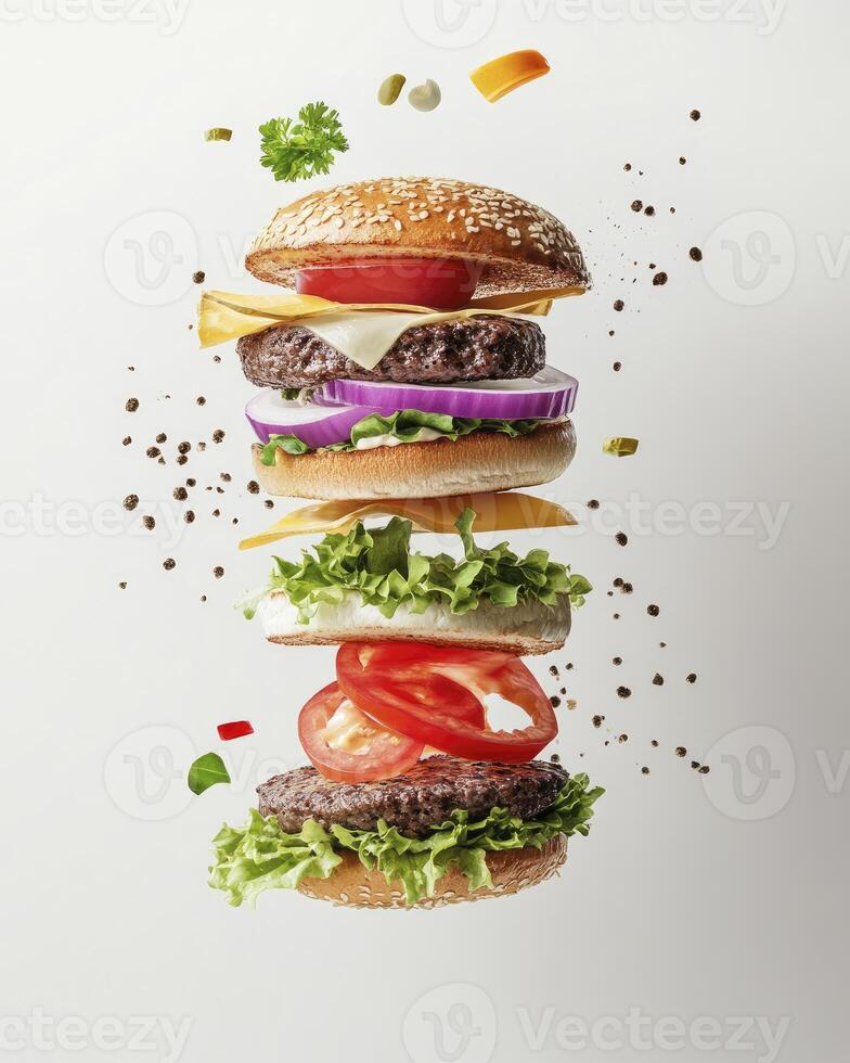 Exploded View of Delicious Burger with Fresh Ingredients Isolated on White photo