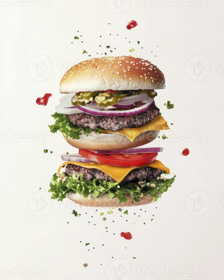 Delicious Double Cheeseburger with Floating Ingredients on a White Background photo