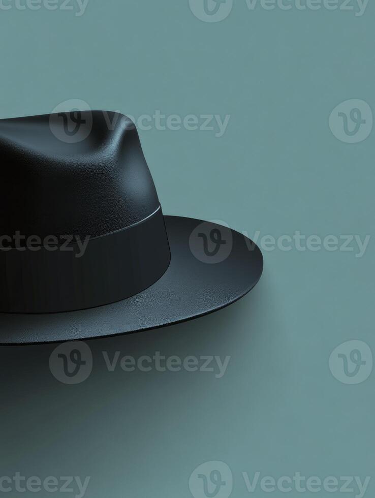 Classic Black Fedora Hat Isolated on Plain Teal Background Still Life photo