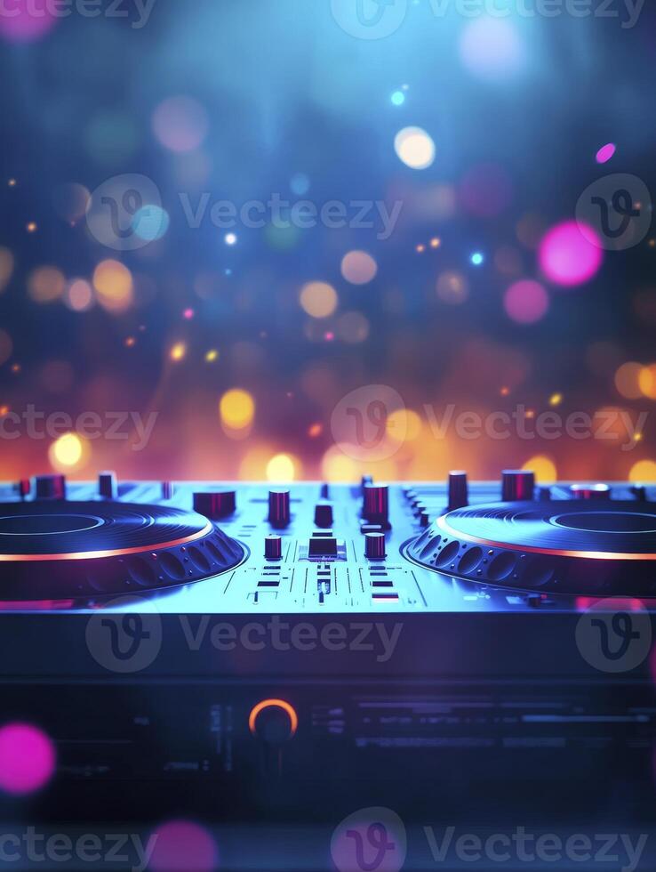 Close-up of Dj Mixer with Bokeh Lights for Nightlife Entertainment photo