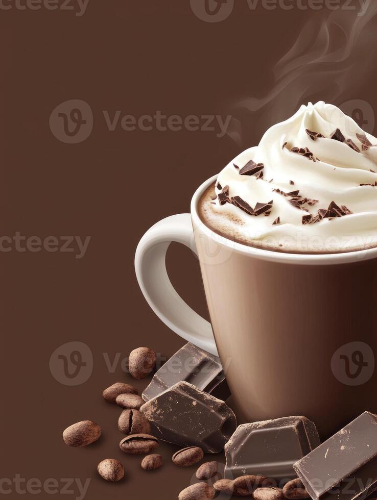 Hot Chocolate with Whipped Cream and Chocolate Shavings on Brown Background photo