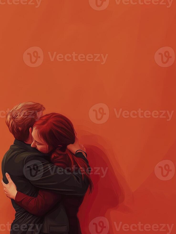 Couple Embracing Affectionately Against Orange Background with Soft Lighting photo