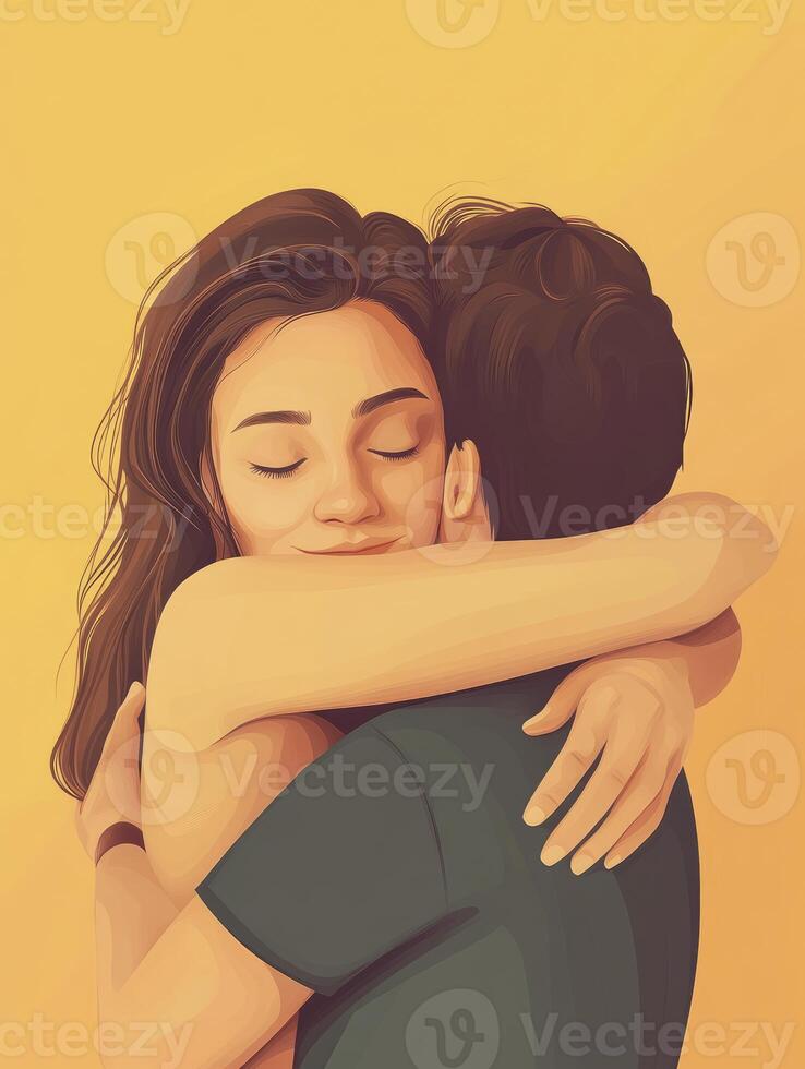 Couple Embracing Tenderly with Eyes Closed in Warm Illustrated Style photo