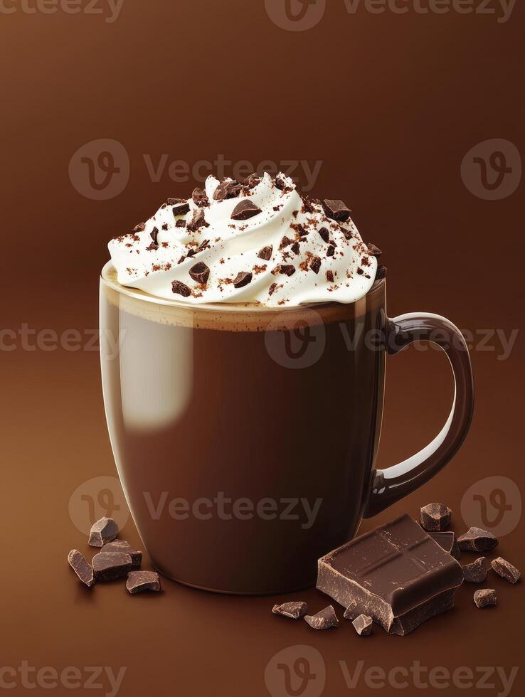 Hot Chocolate Mug Topped with Cream and Chocolate Pieces photo