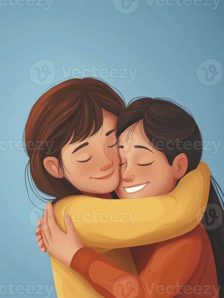 Two Women Embracing in Warm Hug Cartoon Style Illustration photo
