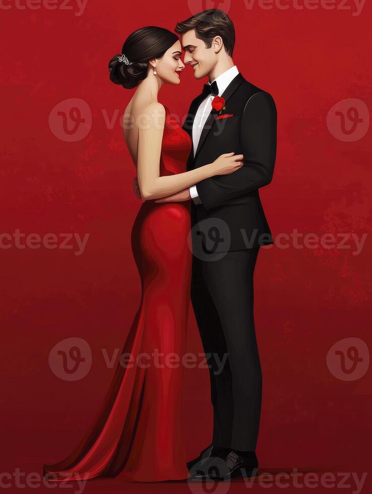 Elegant Couple Embracing in Formal Wear Against a Red Background Illustration photo