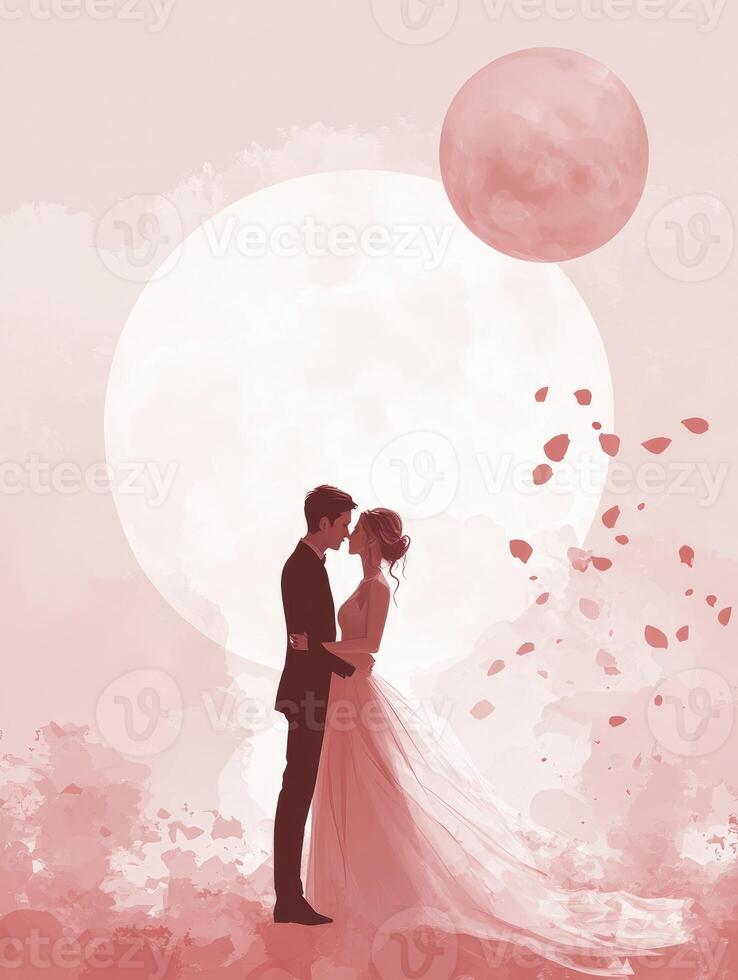 Couple Embracing Under the Moonlight with Rose Petals Wedding Illustration photo