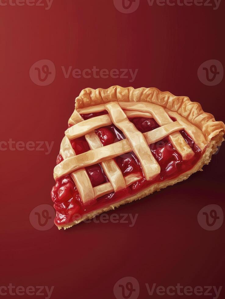 Delicious Cherry Pie Slice with Lattice Crust on Red Background photo