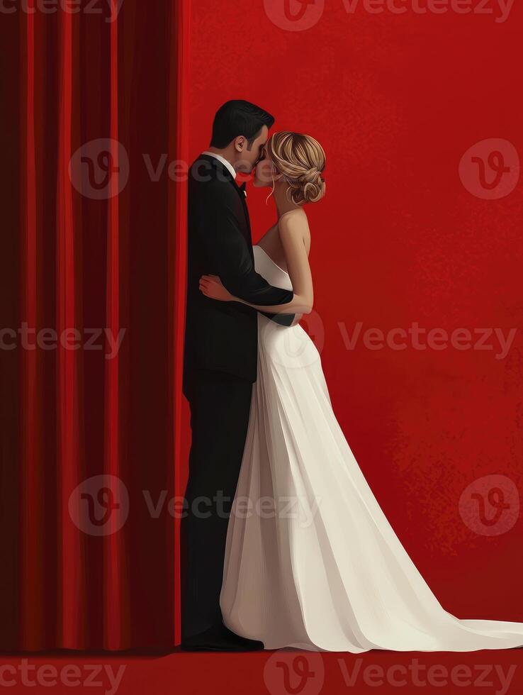 Bride and Groom Embracing Against Red Backdrop Wedding Day Romance photo