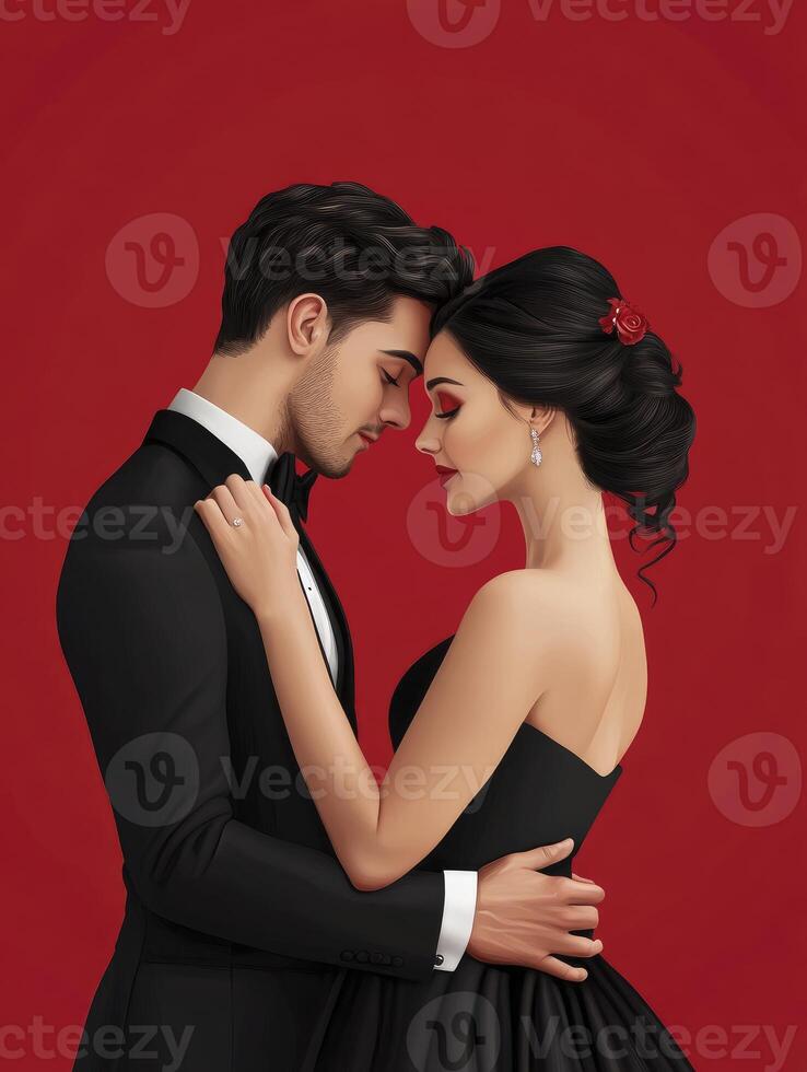 Elegant Couple Embracing in Formal Attire Against a Rich Red Background photo