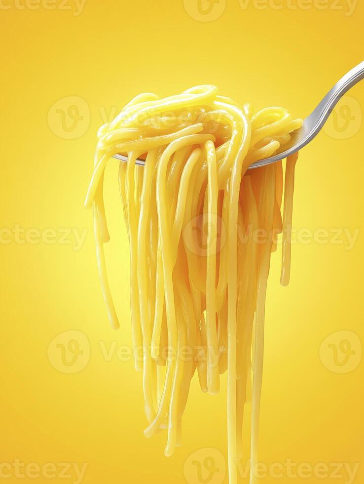 Holding Freshly Cooked Spaghetti on Fork Against a Yellow Background photo