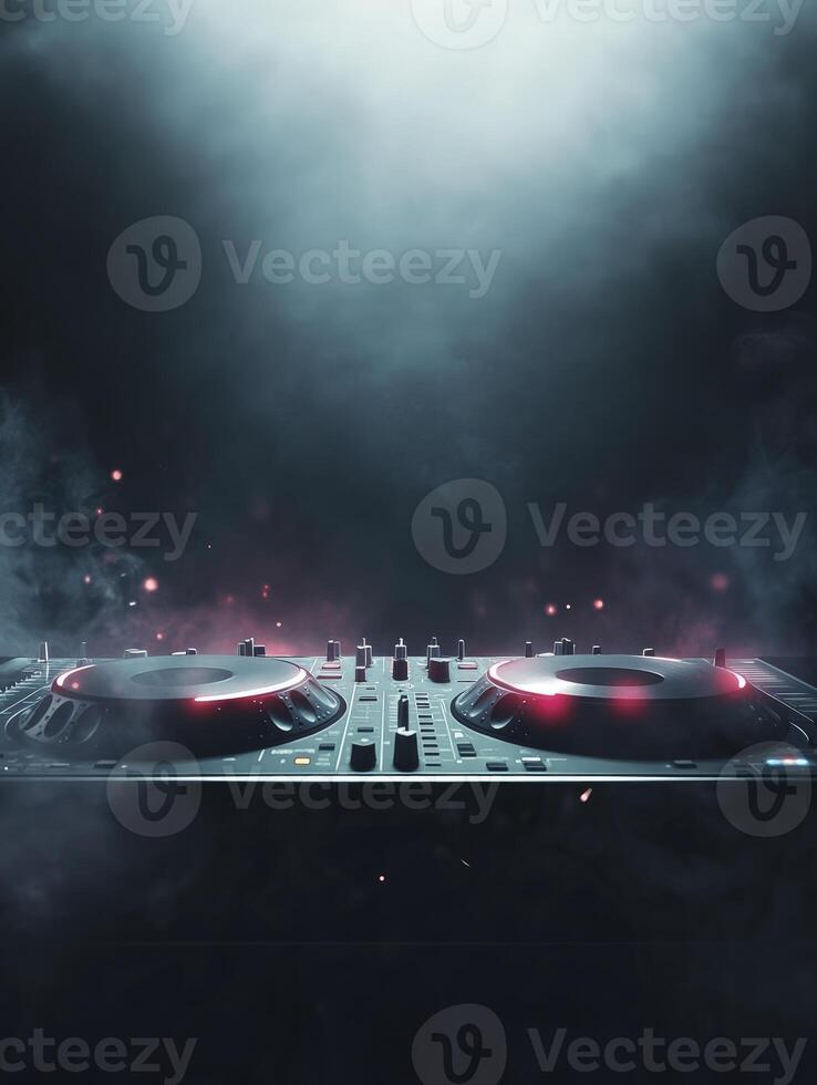 Dj Mixing Console with Smoke and Red Lighting for Music Performance photo