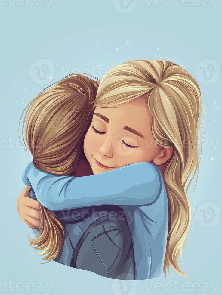 Girl Hugging Another Person with Affection and Care on Light Blue Background photo