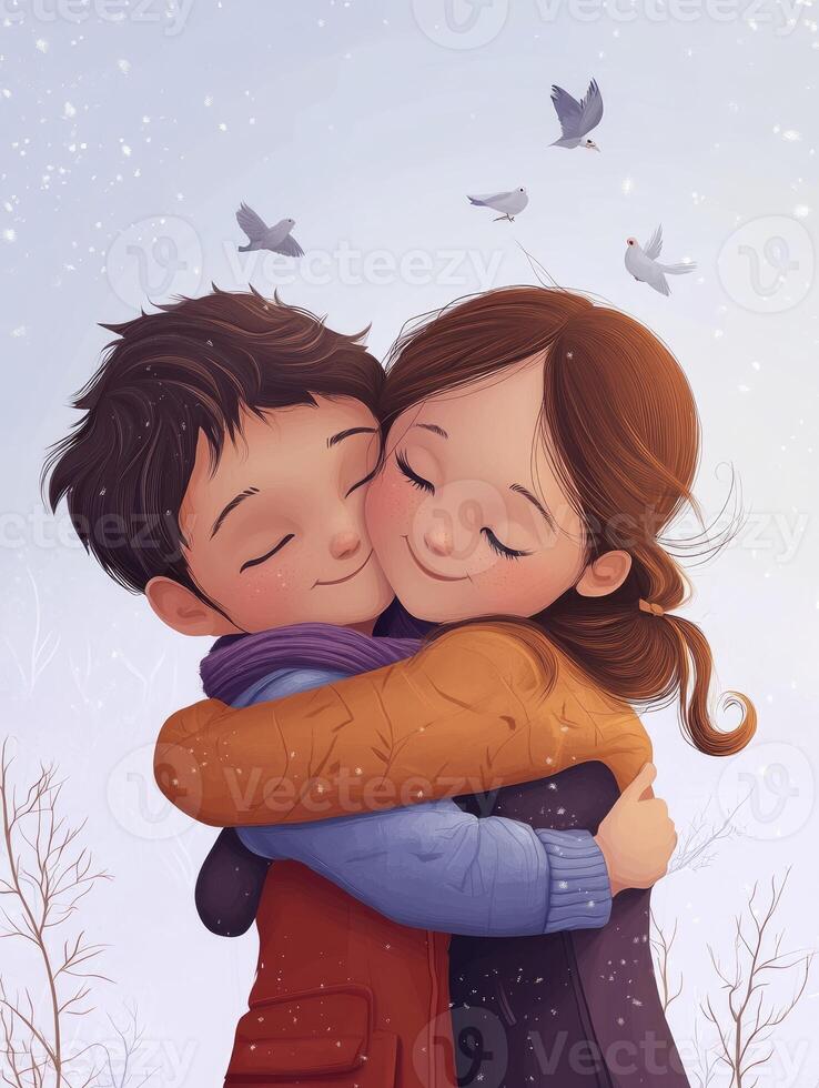 Children Embracing Affectionately During Winter with Birds in Snowy Background photo