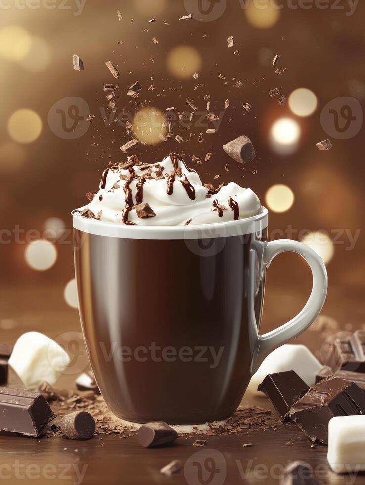 Hot Chocolate Mug with Whipped Cream and Chocolate Shavings Floating Around photo