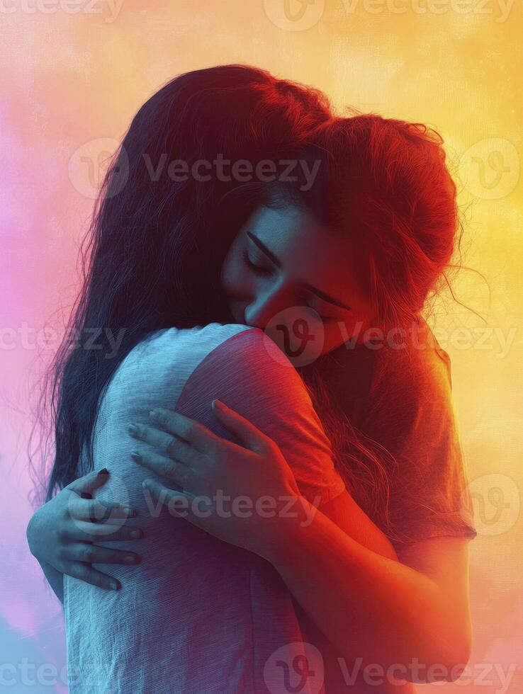 Two Women Embracing in Colorful Light, Showing Connection and Affection photo
