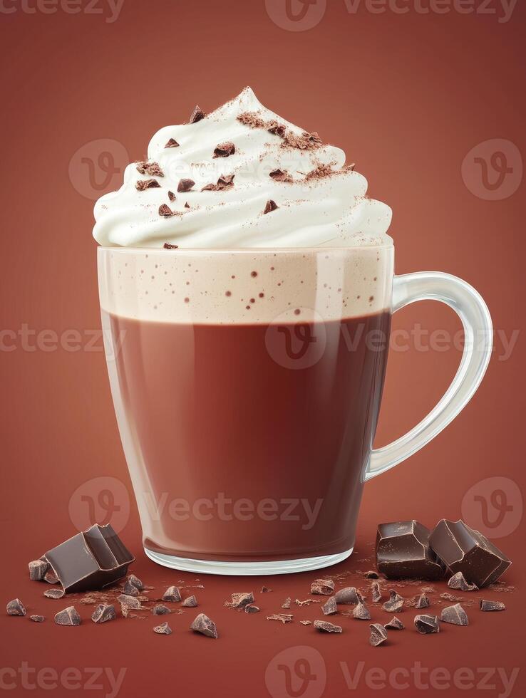 Enjoying Hot Chocolate in Glass with Whipped Cream and Chocolate Chunks photo