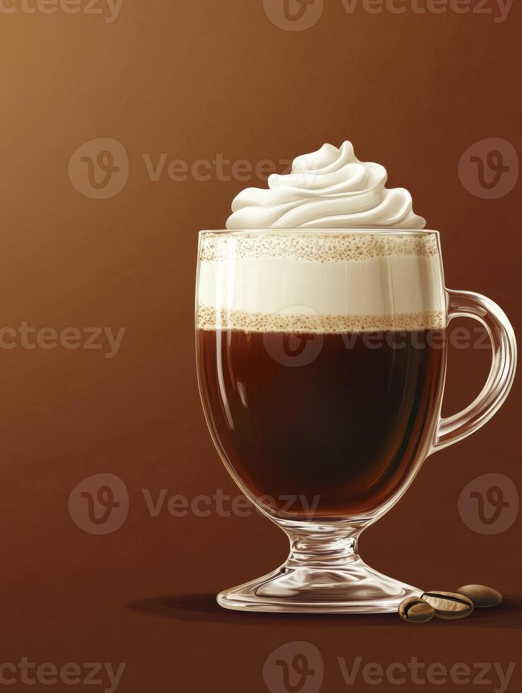 Irish Coffee Glass with Cream and Coffee Beans on Brown Background photo