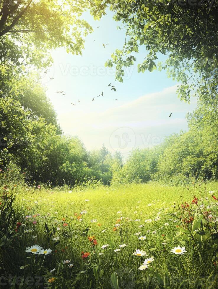 Walking Through Field of Daisies with Birds Flying Into the Sunlight photo