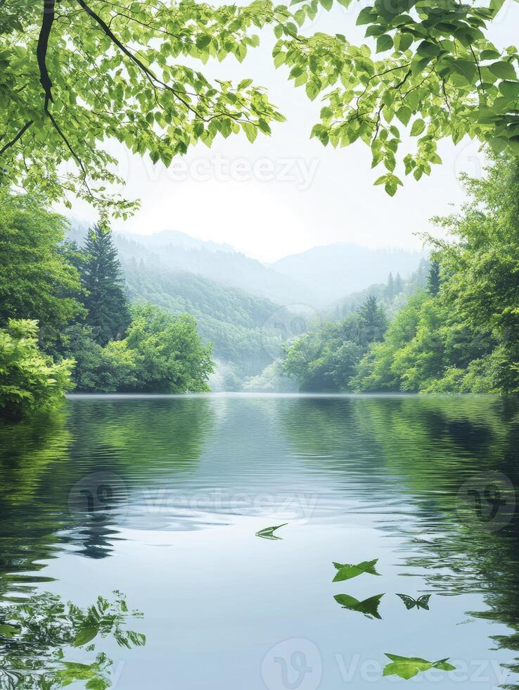Reflecting Lake Surrounded by Lush Green Forest and Misty Hills photo