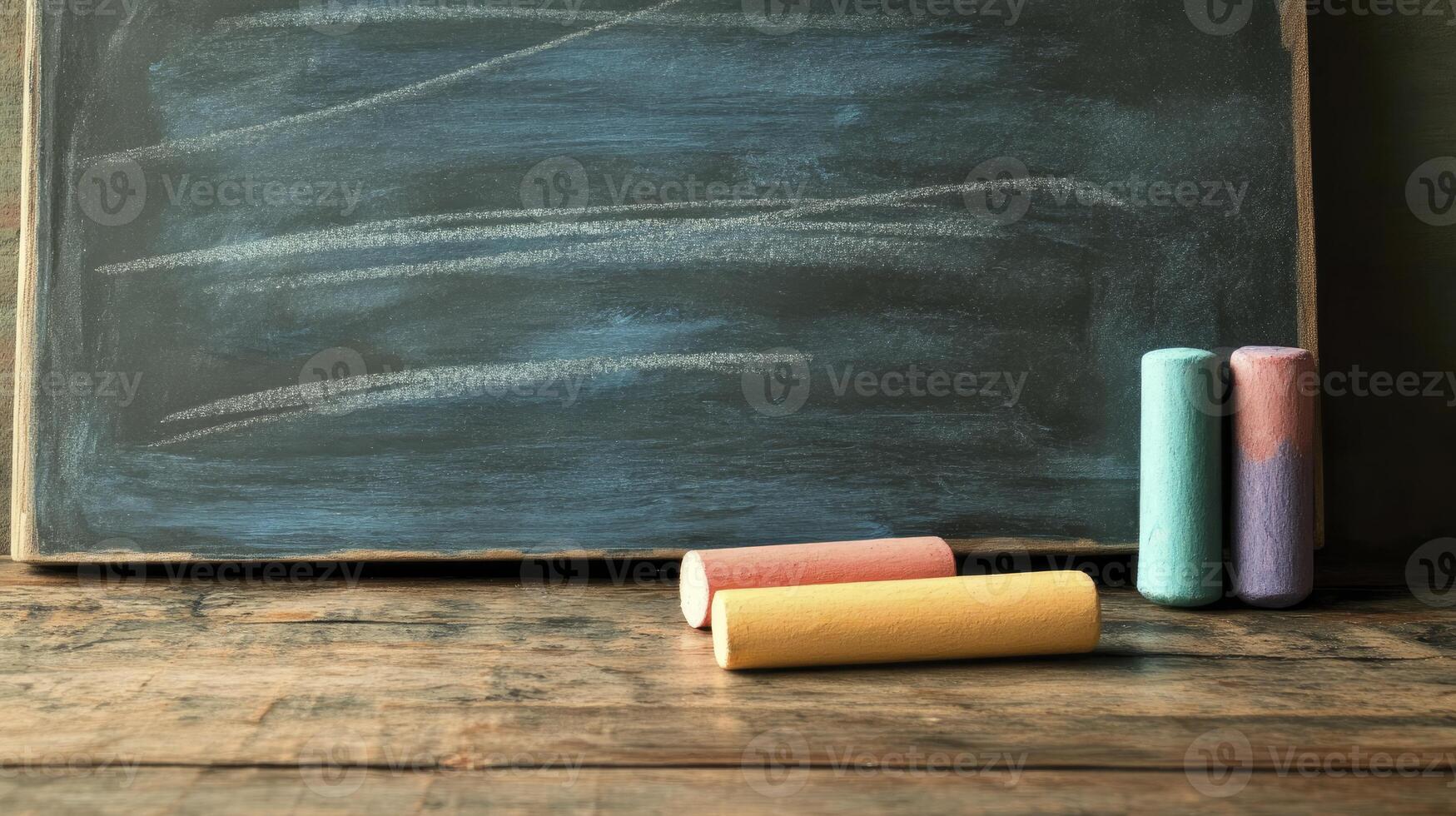 Chalkboard with Chalk Pieces on Wooden Surface Great for Back to School photo