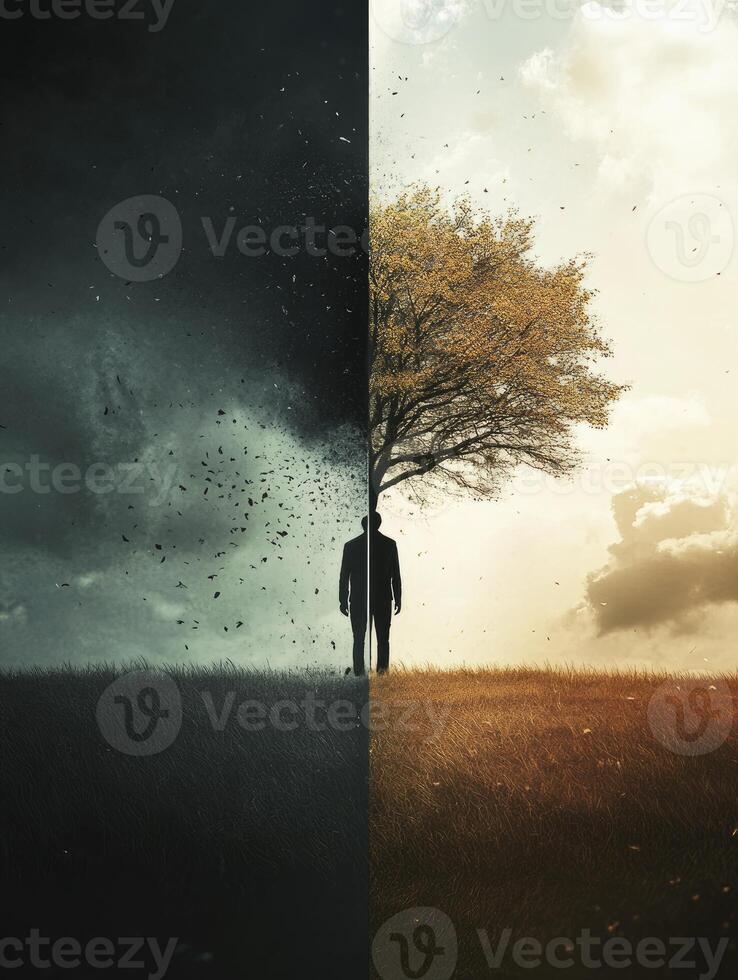 Standing Figure Tree Under Dark Sky Facing Bright Sky Concept photo