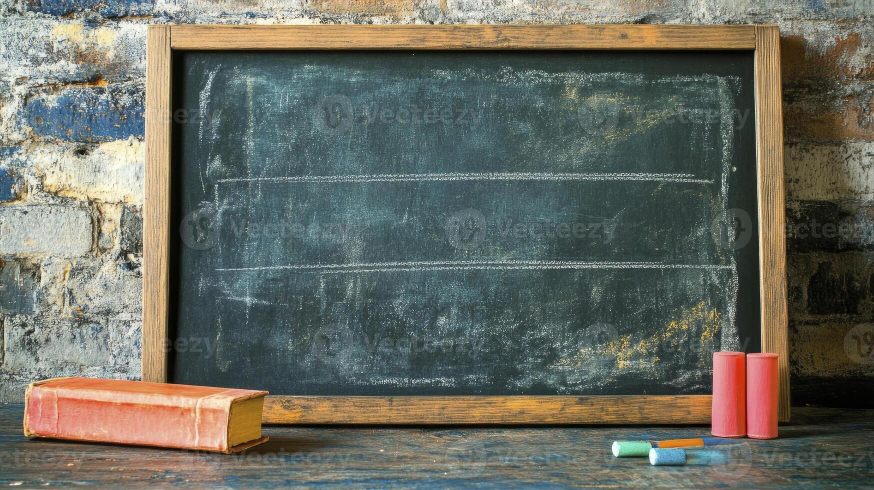 Chalkboard with Chalk and Book on Wooden Table Against Brick Wall photo