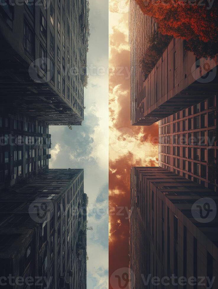Looking Up at Urban Buildings with Moody Sky Color Contrast photo