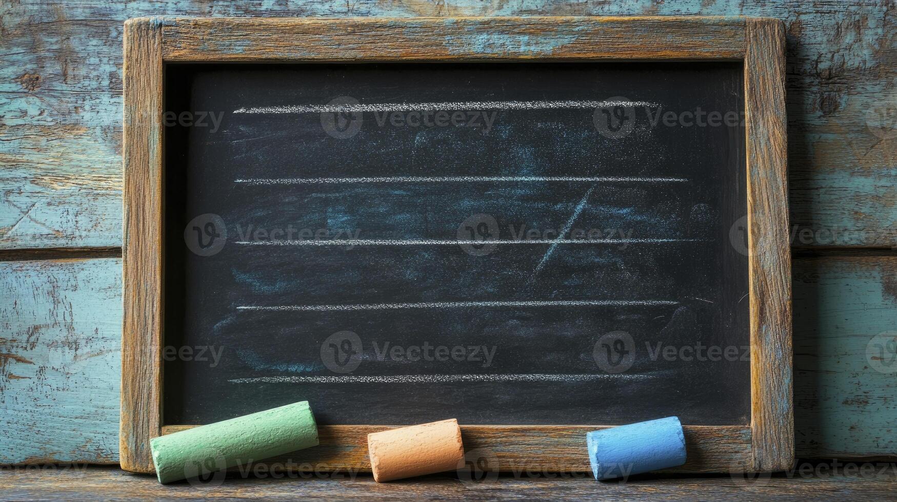 Chalkboard with Colorful Chalks on Rustic Wood Background Ready for Message photo