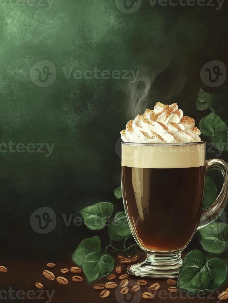 Steaming Irish Coffee with Whipped Cream and Coffee Beans Art photo