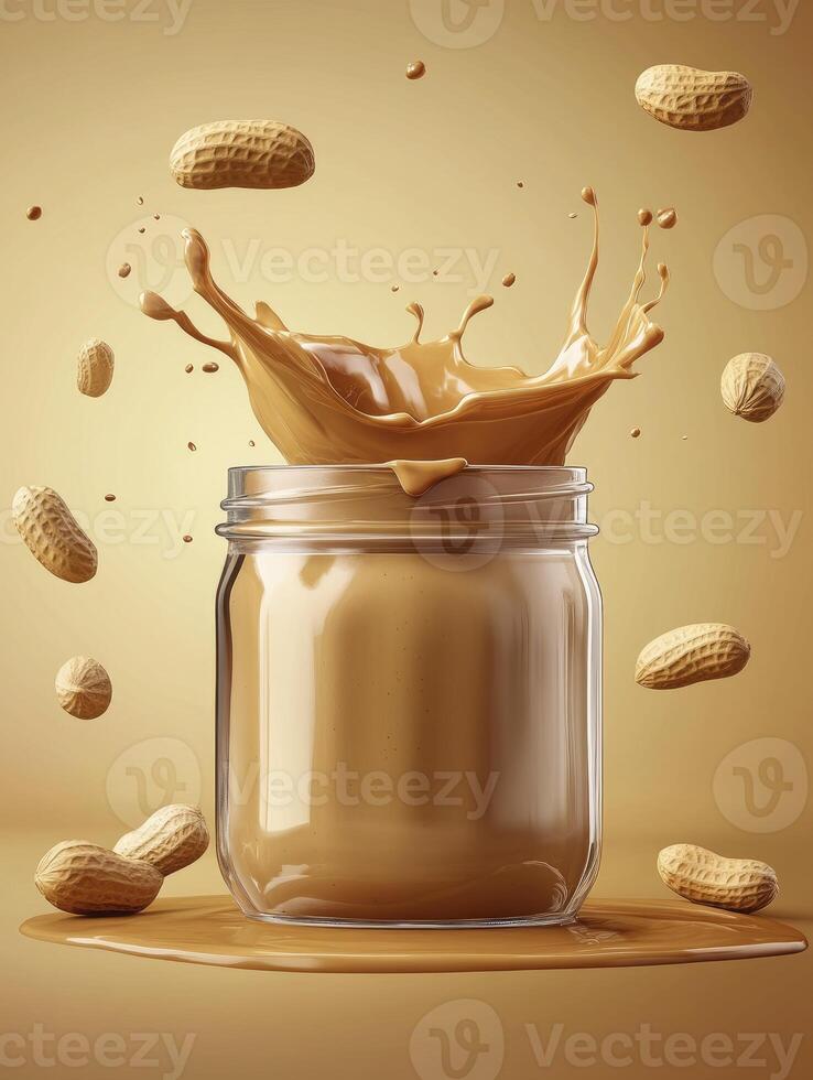 Peanut Butter Jar with Splashing and Flying Peanuts on Golden Background photo