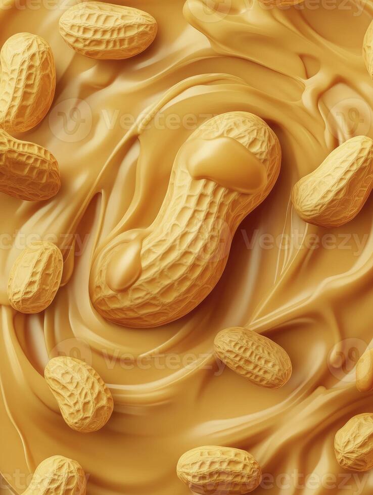 Peanuts in Swirls of Peanut Butter Creamy Texture Food Background photo