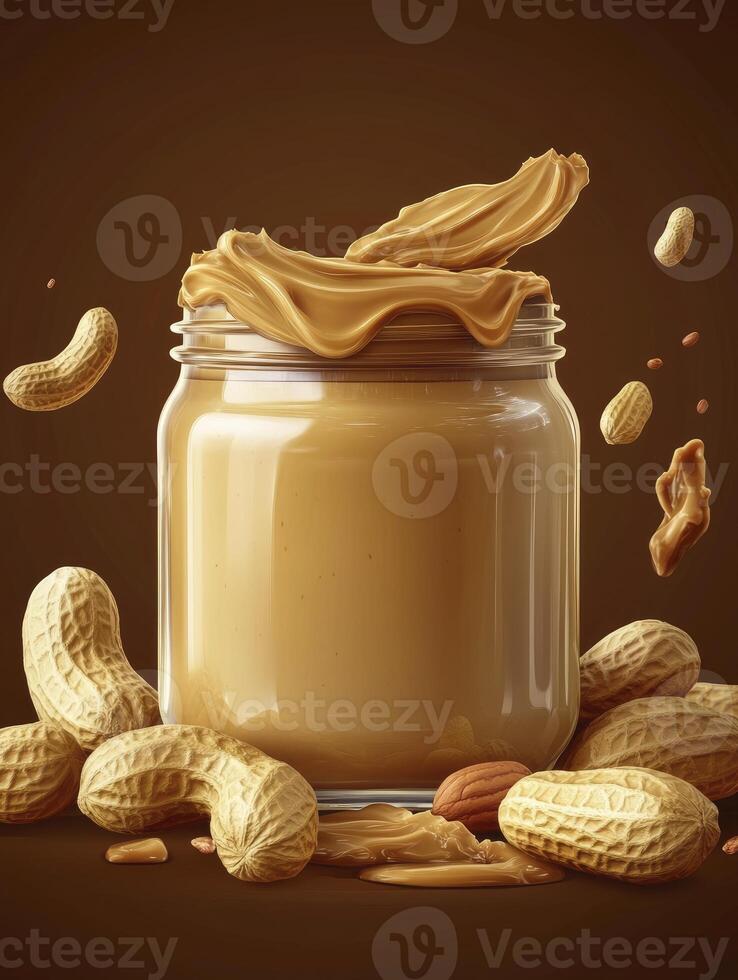 Creamy Peanut Butter Jar with Peanuts Delicious Food Product Display photo