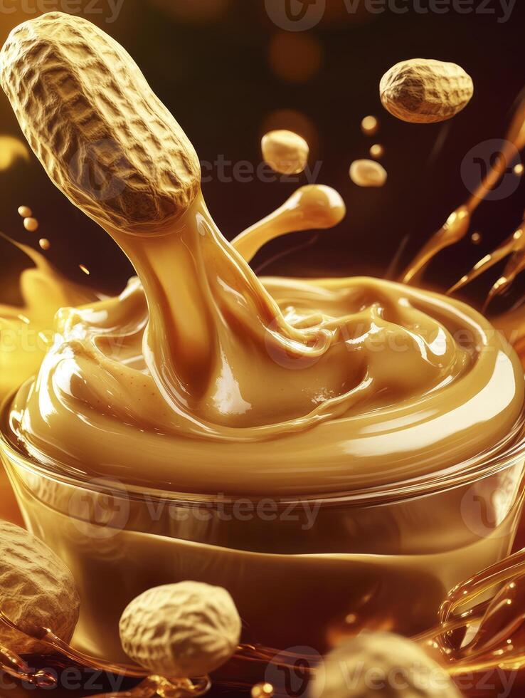 Peanut Dipping Into Peanut Butter in a Glass Bowl Delicious Treat photo