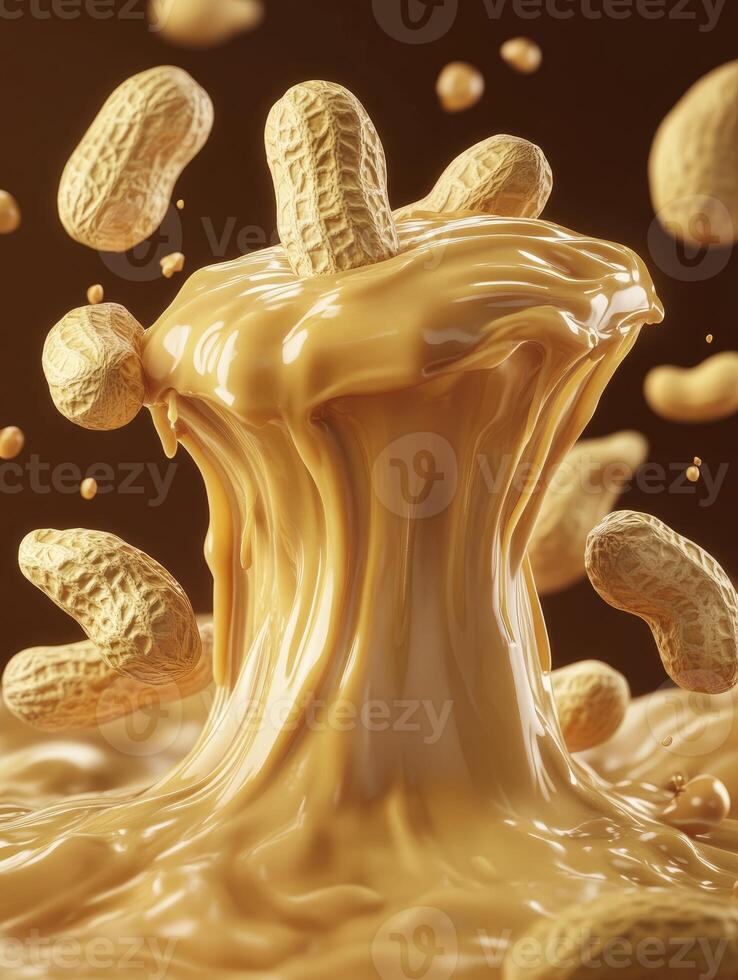 Peanut Butter Splash with Falling Peanuts Delicious Food Concept photo