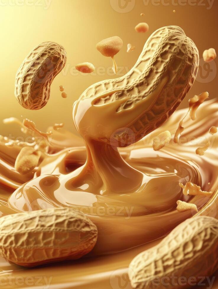 Peanuts with Creamy Peanut Butter Splash and Drizzle in a Golden Tone photo