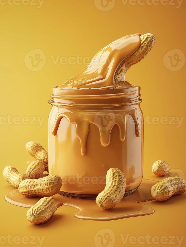 Peanut Butter Flowing Over Jar Surrounded by Peanuts Delicious Treat photo