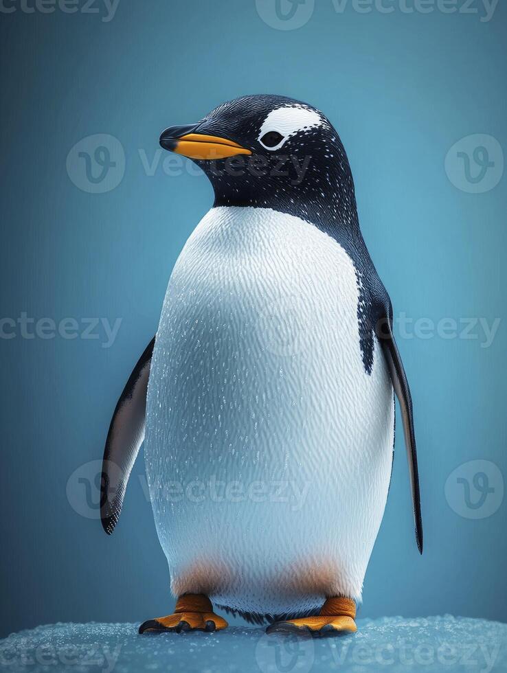 Gentoo Penguin Standing on Ice Looking Left in Studio Setting photo