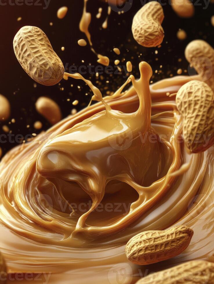 Peanuts and Peanut Butter Splashing in Creamy Swirls for Food Concepts photo