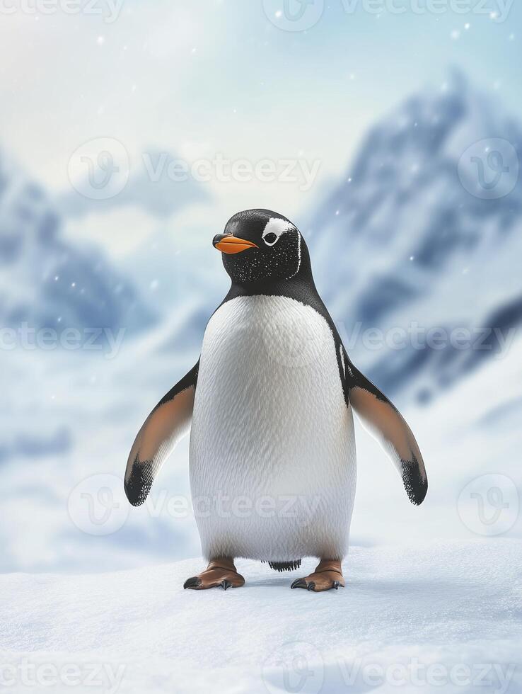 Gentoo Penguin Standing in Snowy Landscape with Mountain Background photo