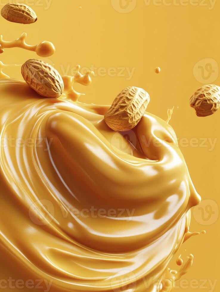 Peanut Butter Splash with Floating Peanuts on Yellow Background Design photo