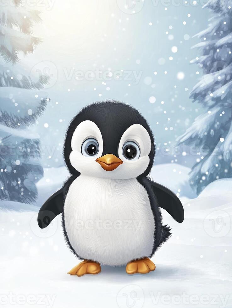 Cute Baby Penguin Cartoon Character Standing in Winter Wonderland Scene photo