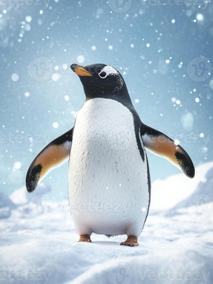 Standing Penguin in Snowy Antarctica Landscape Under Gentle Falling Snow photo