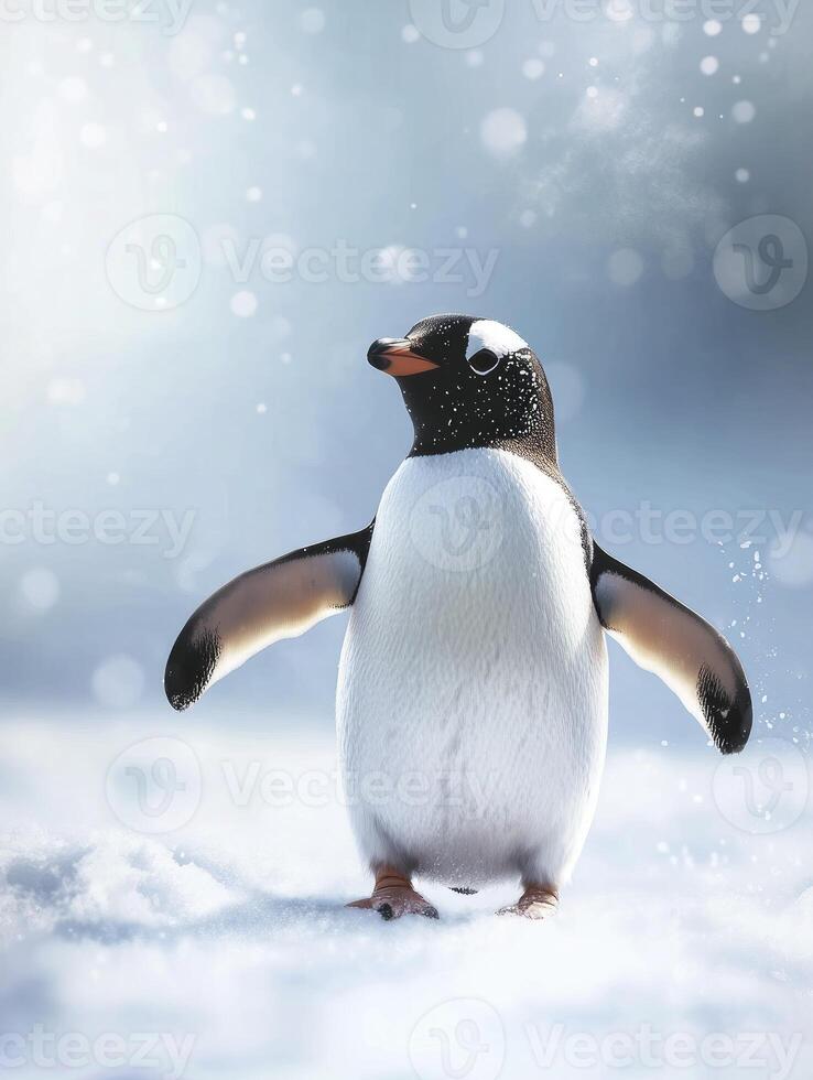 Gentoo Penguin Standing in Snow on Sunny Day Wildlife Photography photo