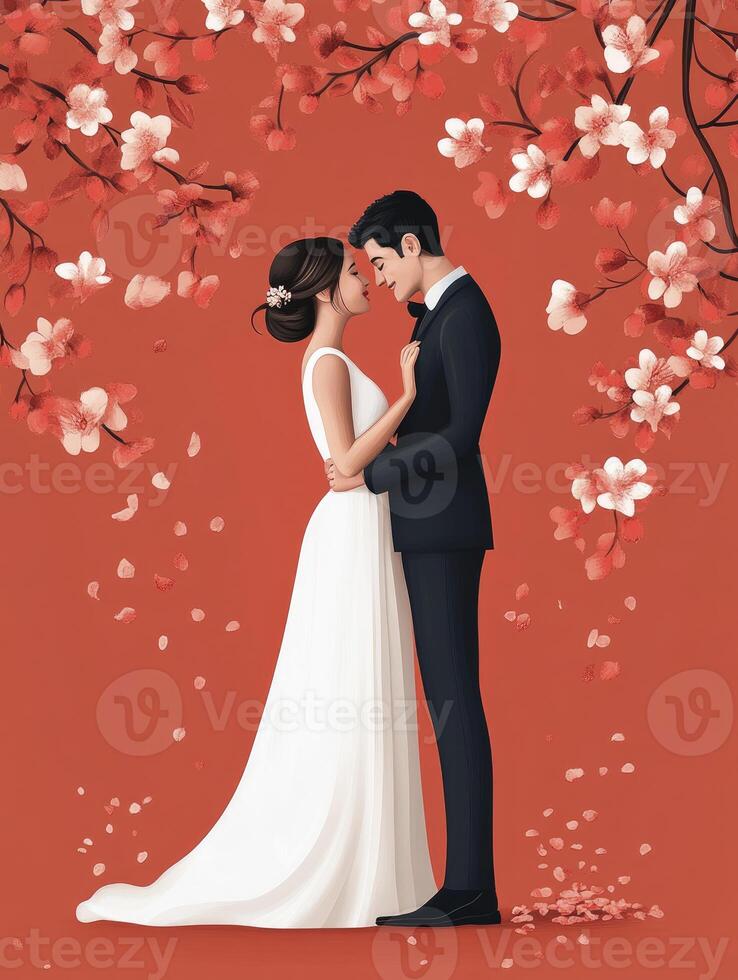 Bride and Groom Embracing Under Blossoms in Romantic Wedding Illustration photo
